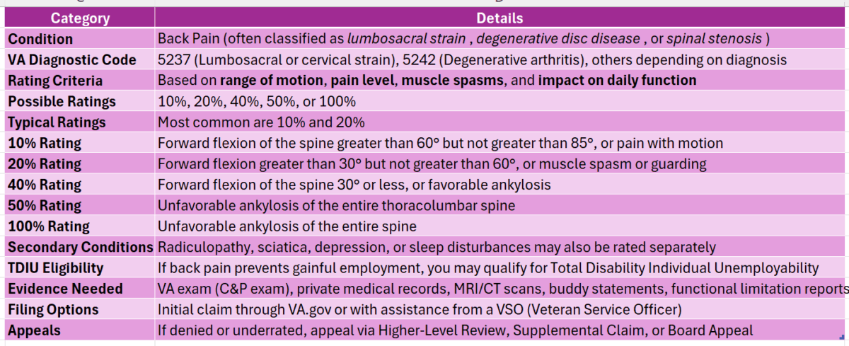 VA Disability for Back Pain